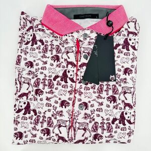 Greyson Creatures Polo‎ Arctic White Burgundy Animal Print Golf Shirt - L Panda